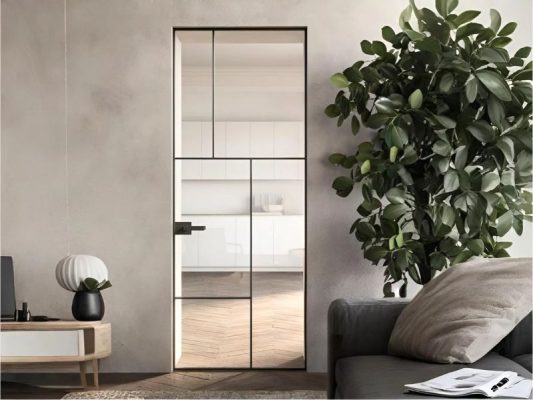 Cửa slim nội thất mở quay có nan trang trí tạo điểm nhấn cho không gian tối giản