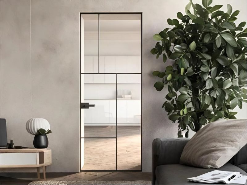 Cửa slim nội thất mở quay có nan trang trí tạo điểm nhấn cho không gian tối giản
