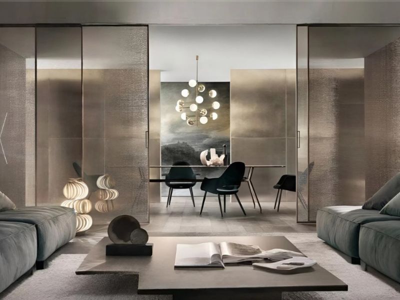 Tạo Không Gian Sang Trọng Với Cửa Lùa Slim Nội Thất Kính Mờ Ánh Kim Vàng